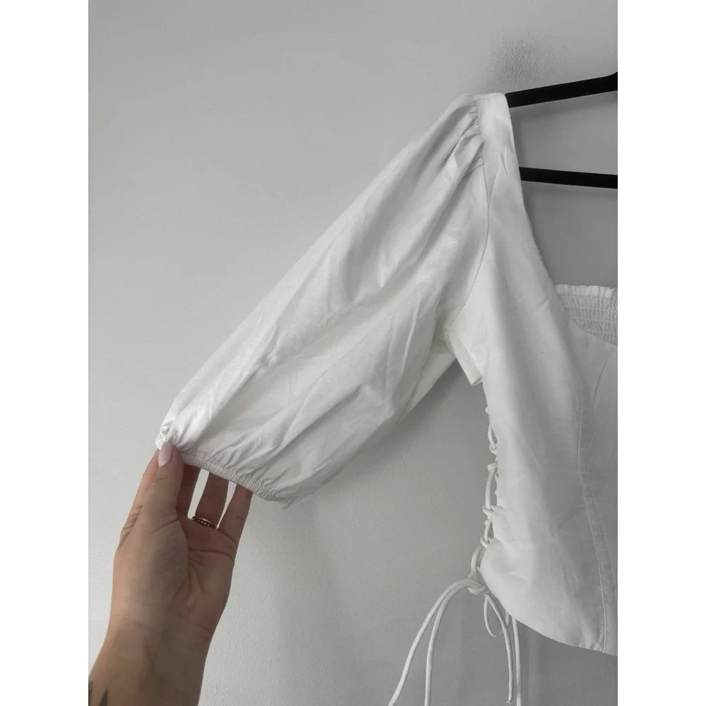 Abercrombie & Fitch Women's White Smocked Milkmaid Side Tie Puff Sleeve Top